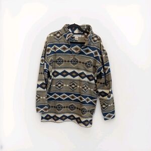 Vintage 90s Brown & Blue Navajo Aztec Tribal Fleece Pullover 1/4 Zip Sweater